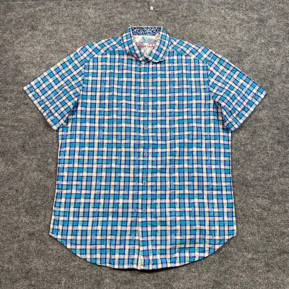 Robert Graham Mens L Classic Fit Blue Plaid Floral Jacquard Short Sleeve Shirt
